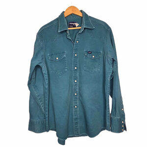 Vtg 90's Wrangler Teal Casual Pearl Snap Button Down L/S Shirt Men's Size 17.5
